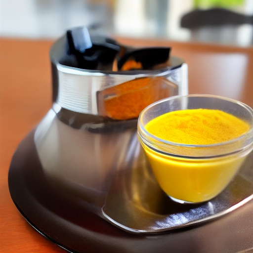 Measuring cup filled with turmeric powder for air fryer recipes