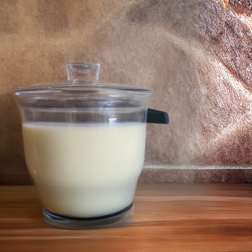 Measuring cup filled with soy milk next to an air fryer