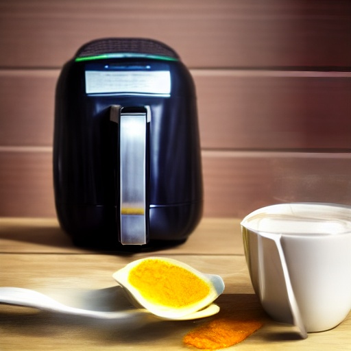 Measuring cup filled with milk next to an air fryer