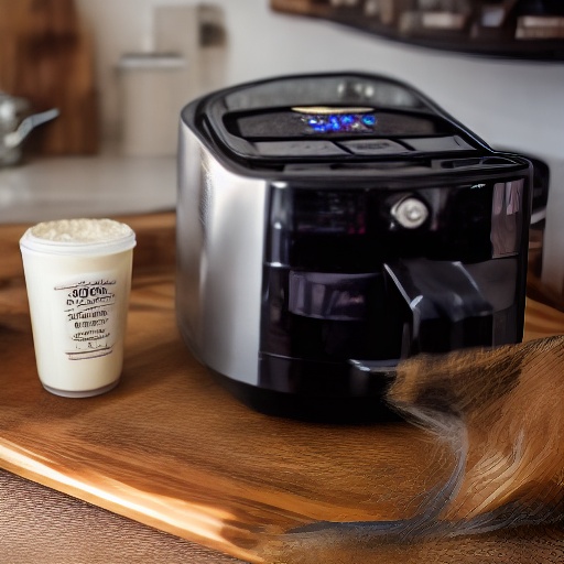 Measuring cup filled with skimmed milk next to an air fryer