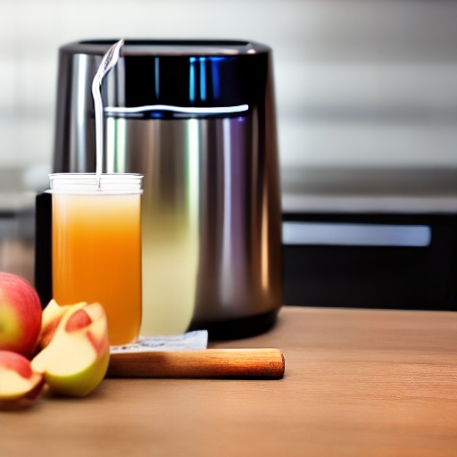 Measuring cup filled with apple juice next to a digital scale showing ounces