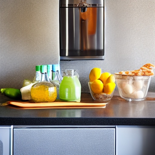 Measuring cup filled with lemonade next to an air fryer