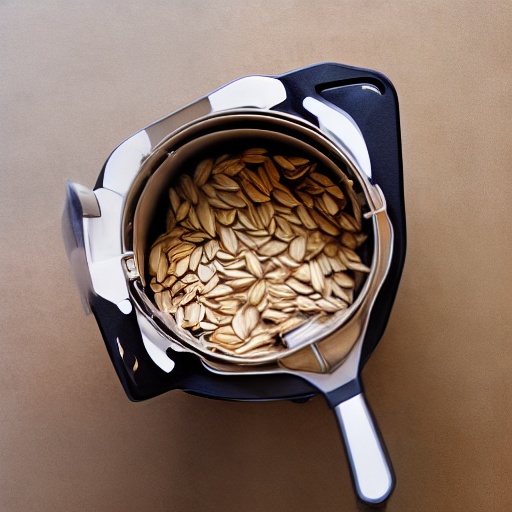 Measuring 0.66 cup of sunflower seeds in a bowl next to an air fryer