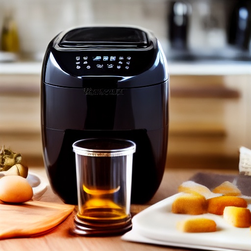 Measuring cup filled with rapeseed oil next to an air fryer