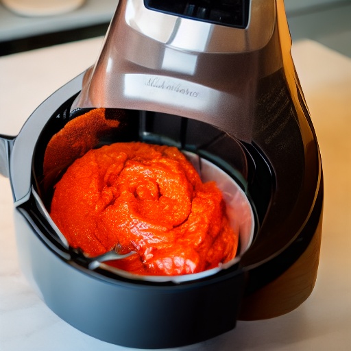 Measuring harissa paste in a cup next to a digital scale showing ounces