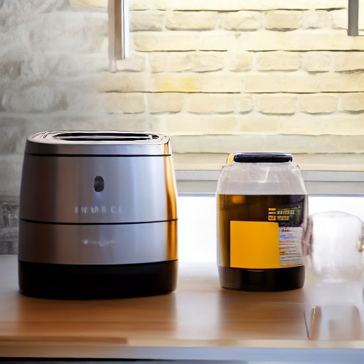 Measuring cup filled with vegetable oil next to an air fryer