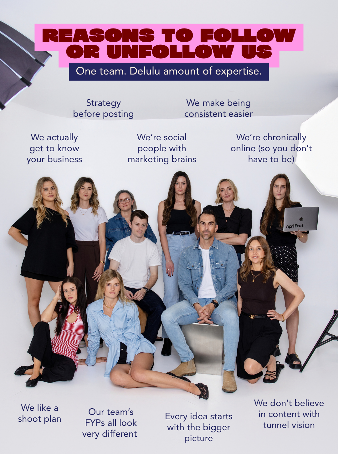 The Gimmie Social team with reasons to follow or unfollow us