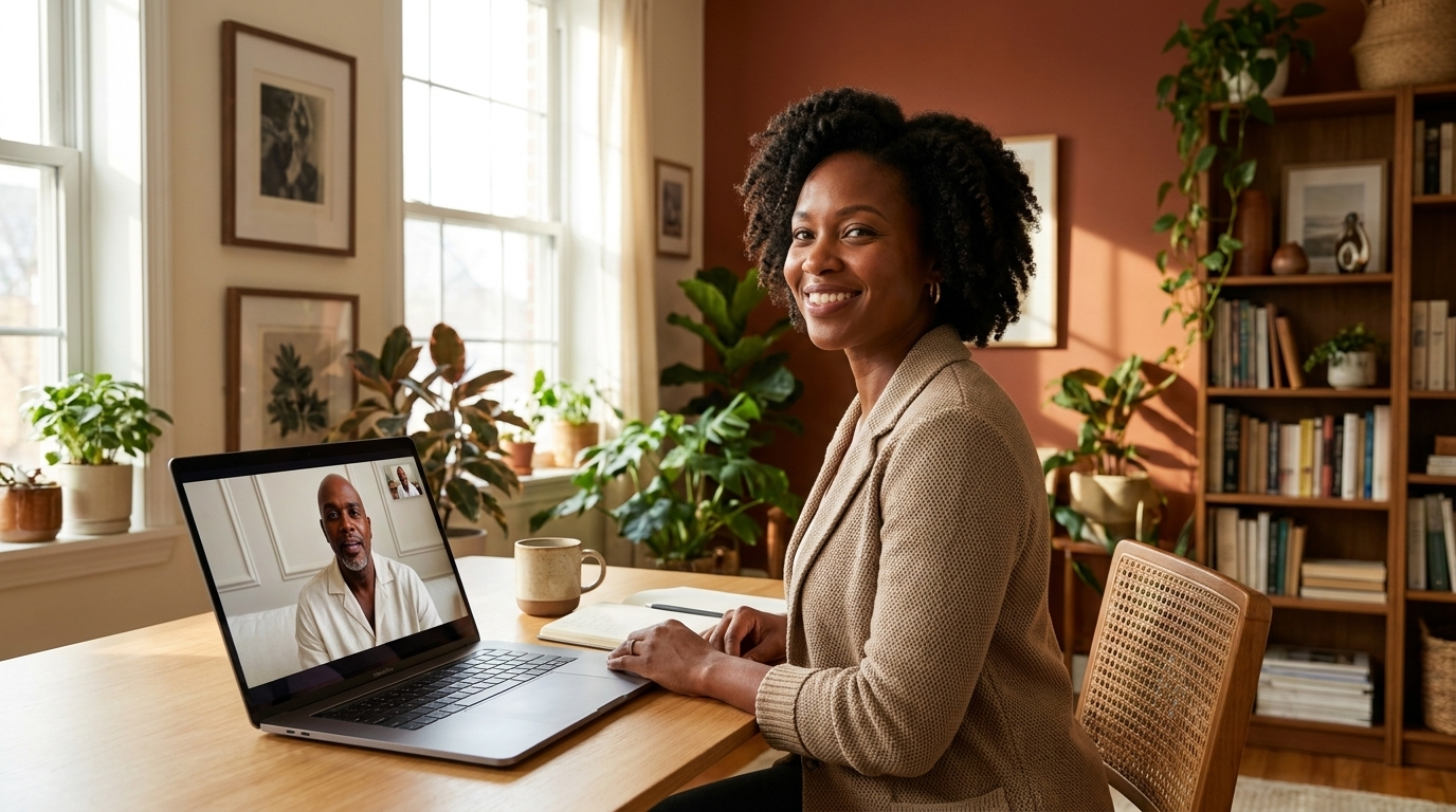 A founder in a one-on-one Diamond Discovery Session video call with her coach, in a warm book-filled home office