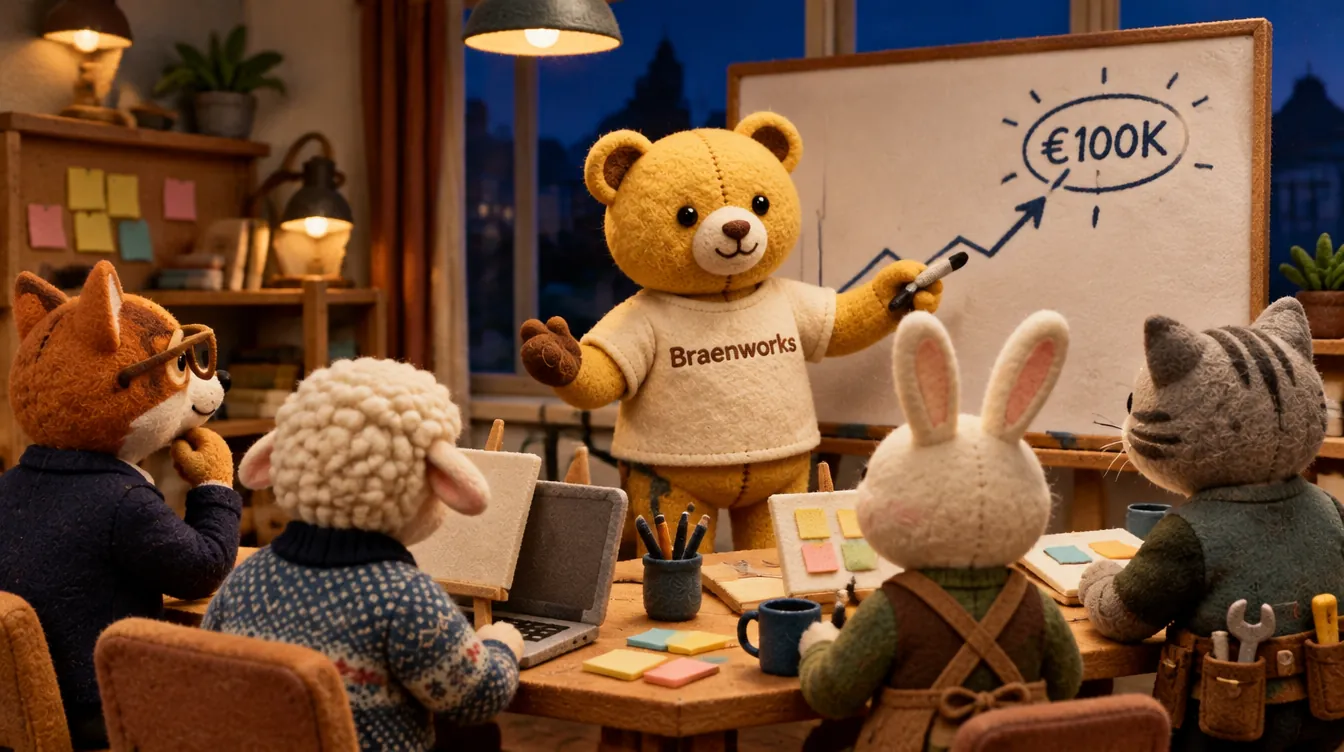 Braenworks-beer geeft les bij een whiteboard met een groeilijn naar €100K