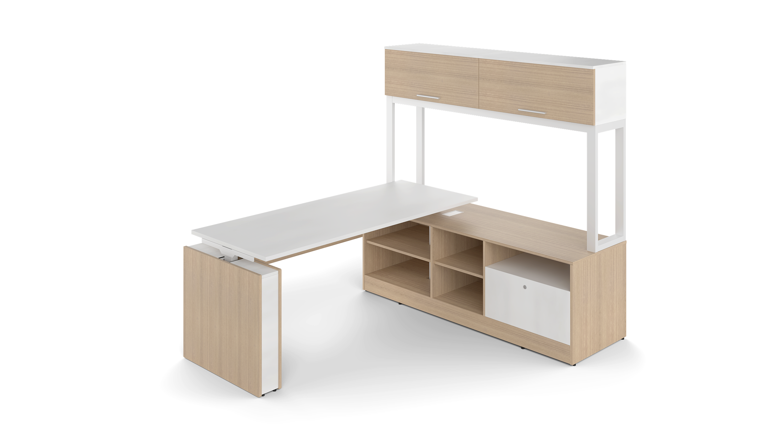 Corp Design L shaped desk with upper hutch and open storage credenza