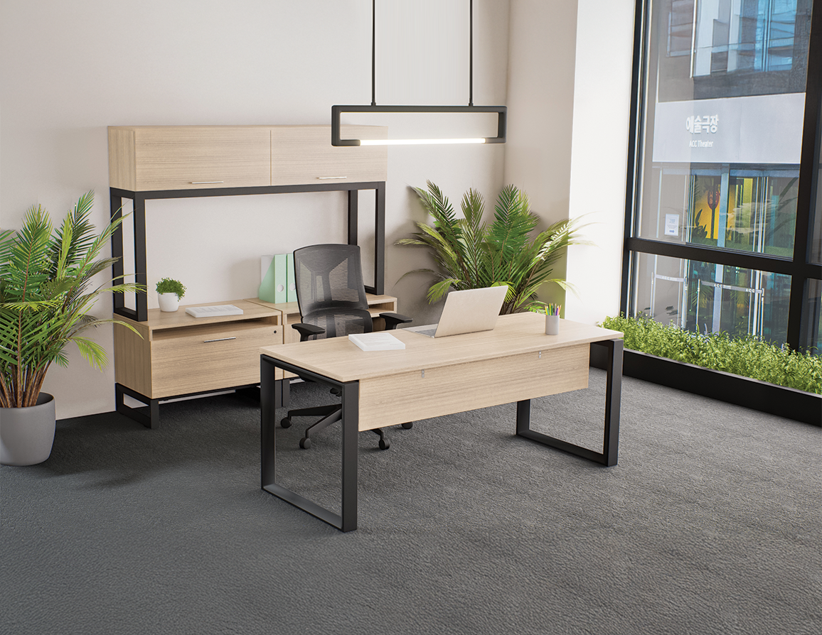 Corp Design light wood executive desk with overhead shelf frame and credenza