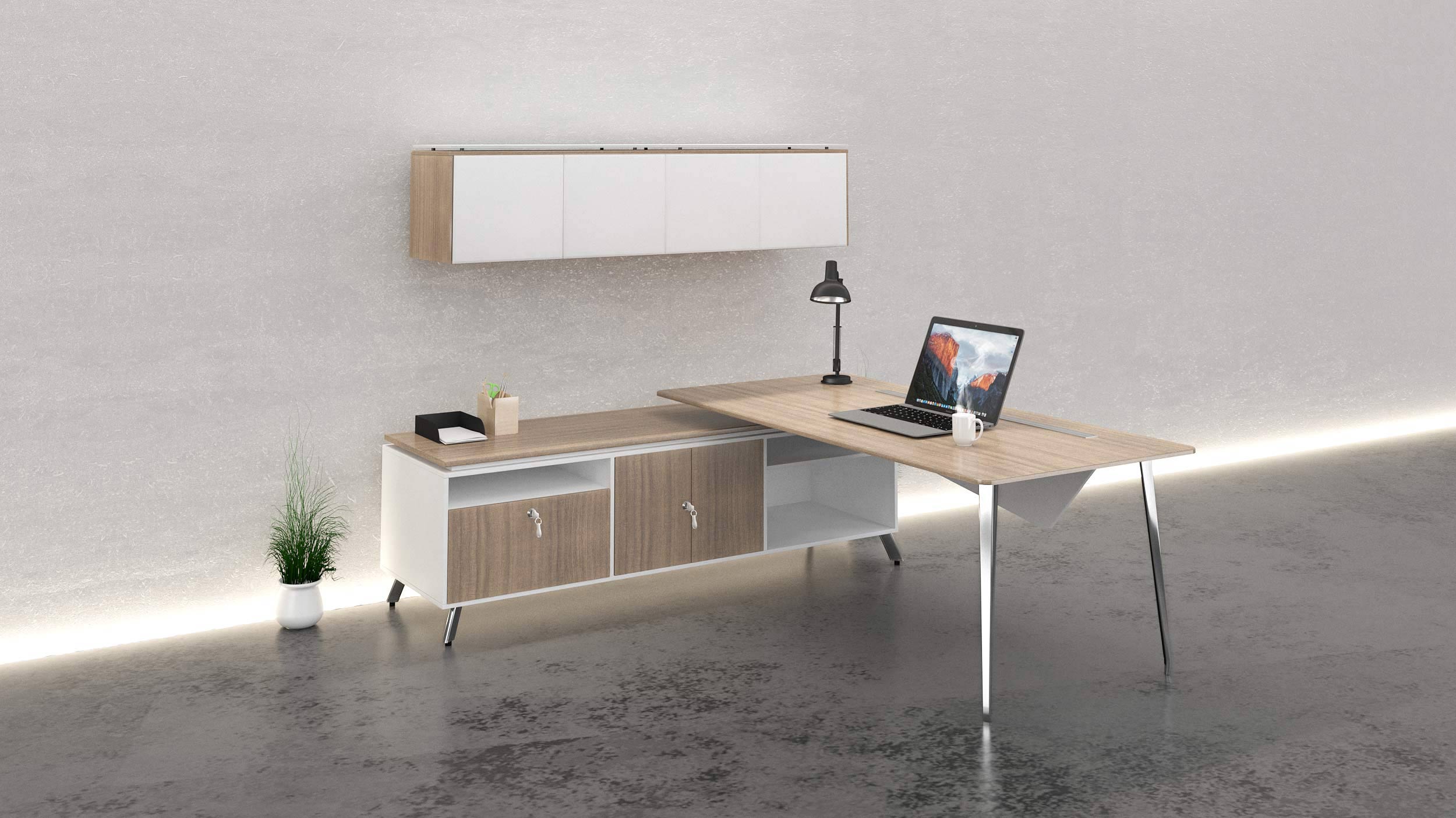 Corp Design executive desk with white and wood credenza and overhead wall unit
