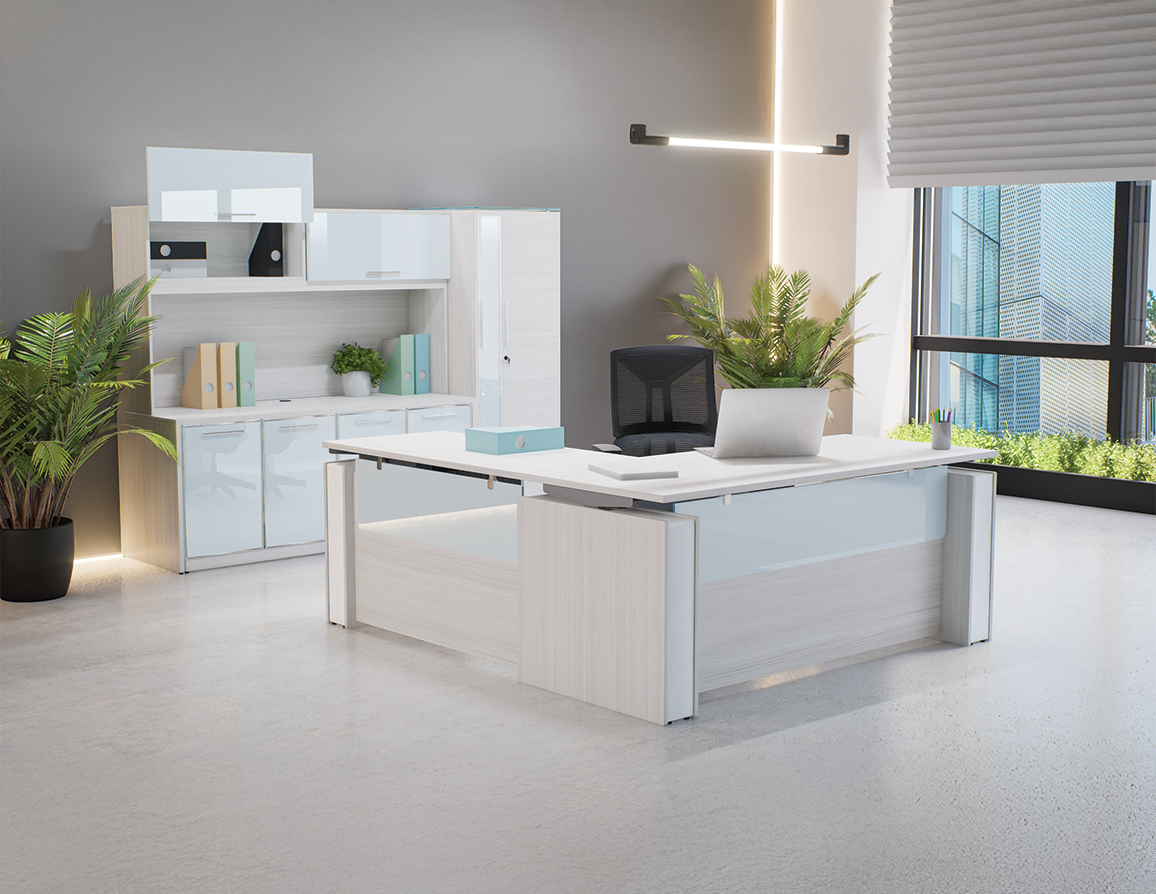 Corp Design white gloss executive L desk with matching storage wall