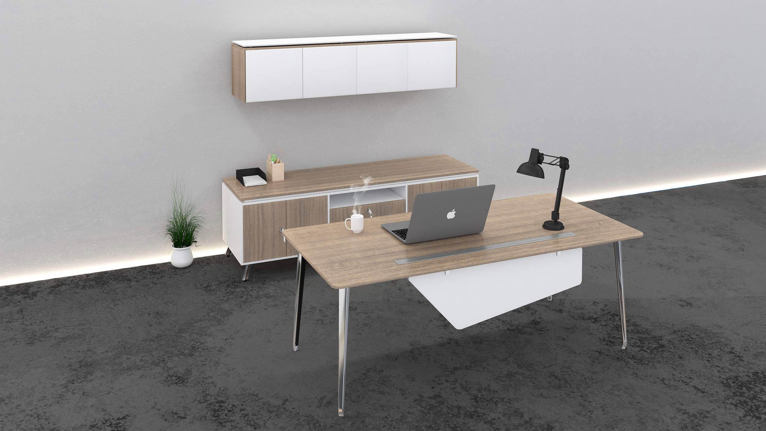 Corp Design executive desk with wall mounted storage and matching credenza