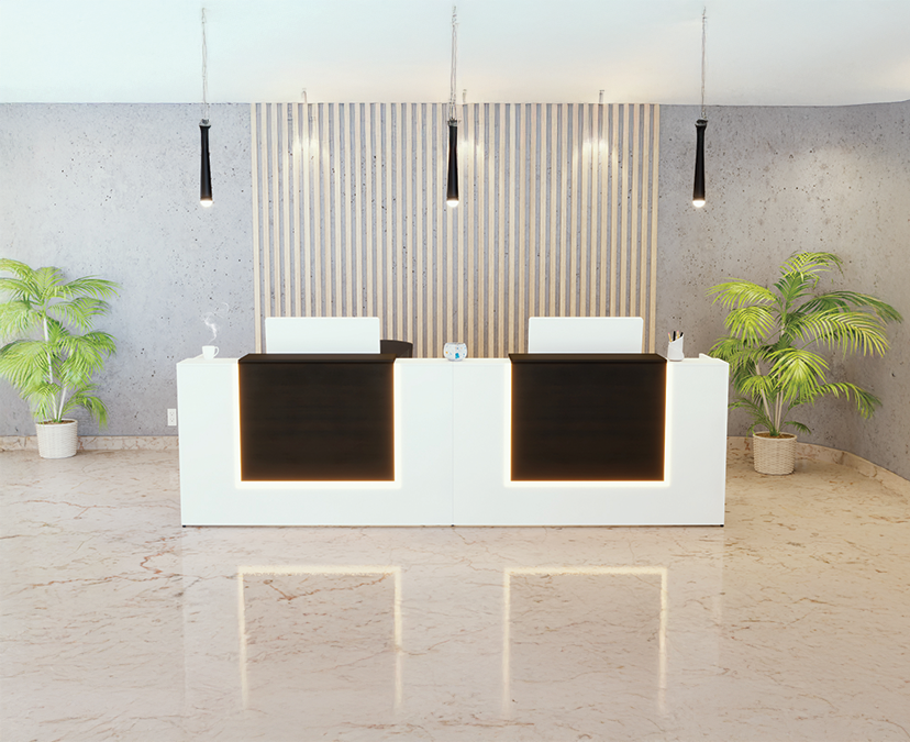 Corp Design two station reception desk with slat wall backdrop