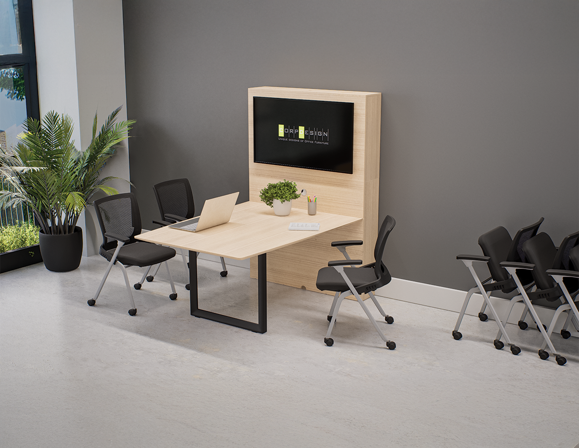 Corp Design training room with media wall and flip top nesting tables