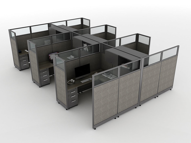 Friant six person cubicle cluster with glass topped privacy panels