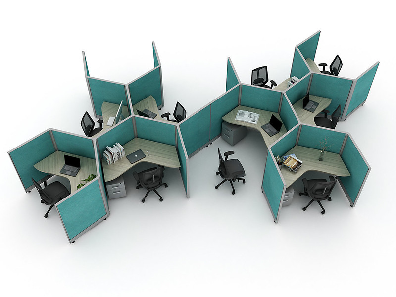 Friant 120 degree workstation cluster with teal privacy panels