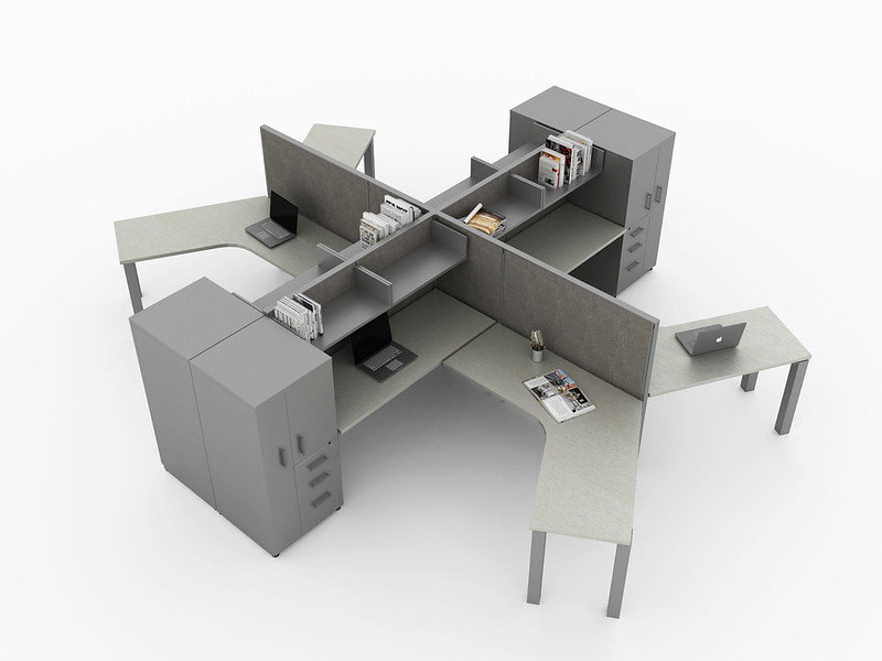 Friant four person cross cluster workstations with storage towers