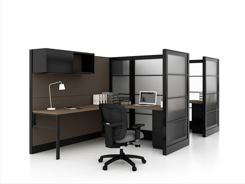 Friant private office workstation with hutch, sliding doors and mobile pedestal