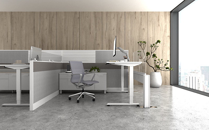 Friant height adjustable sit stand desks against a wood slat accent wall