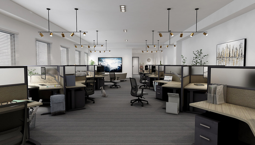 Friant open plan cubicle workstations under pendant lighting