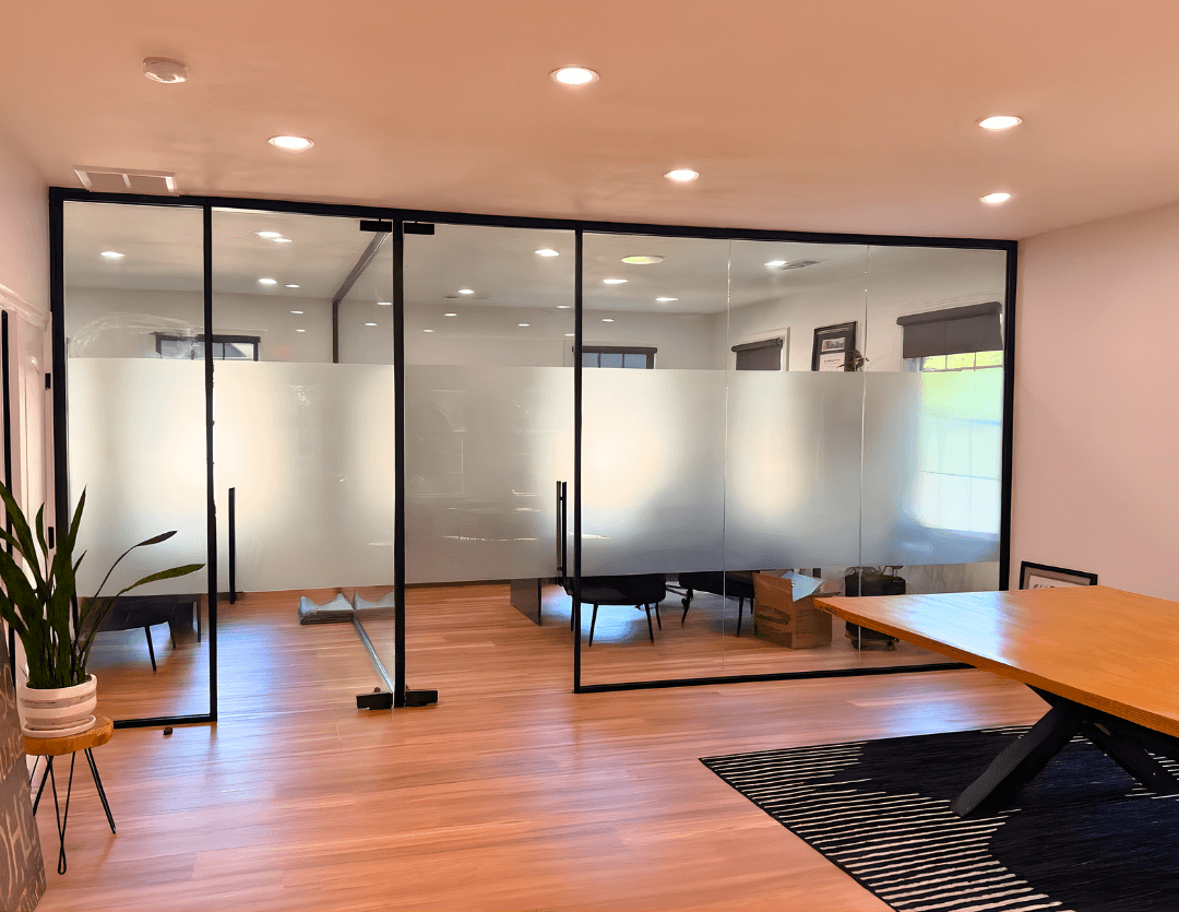Teilen frosted glass office partition wall with black frame and sliding door