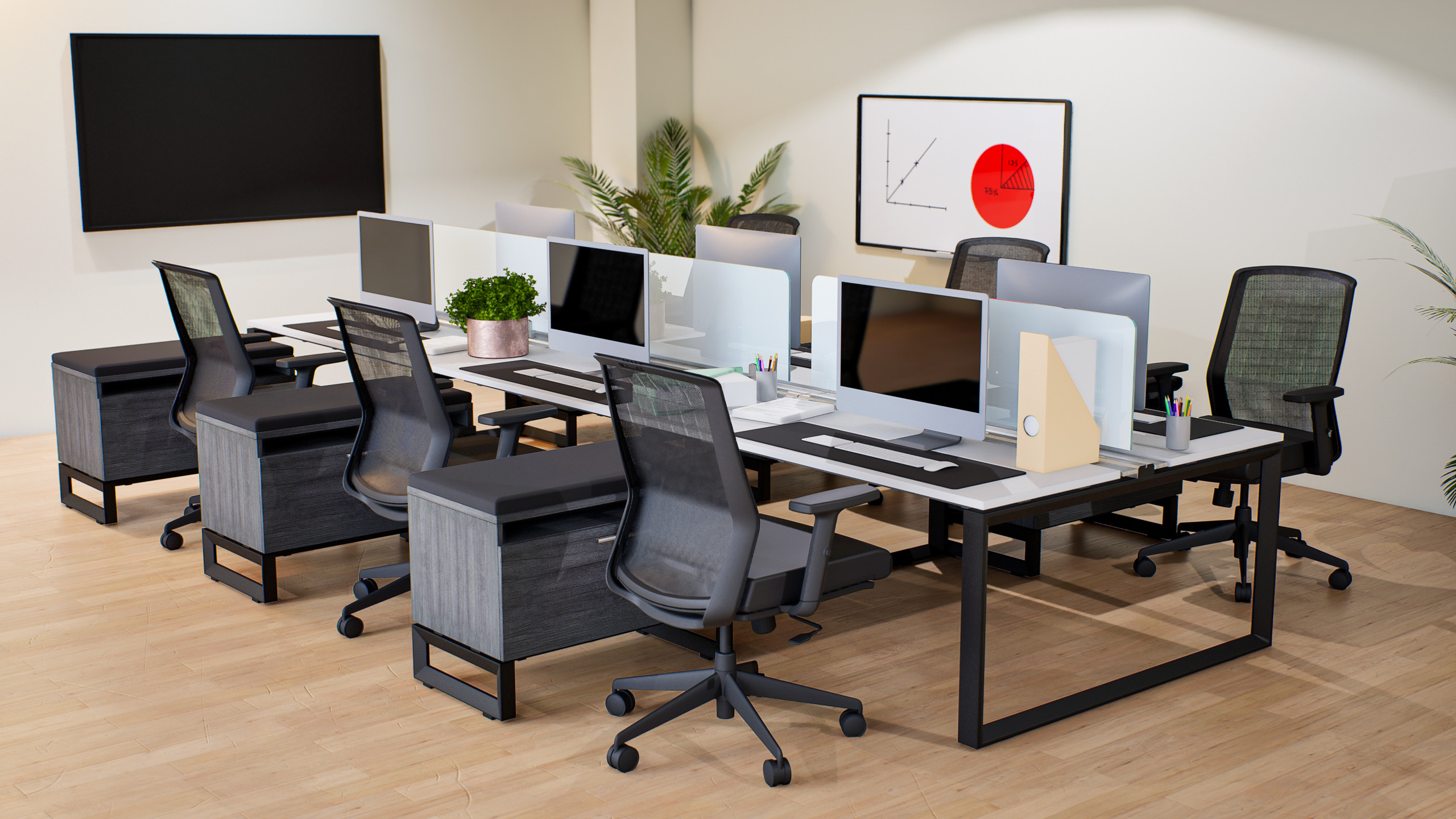 Corp Design open plan benching desks with monitors and mesh task chairs