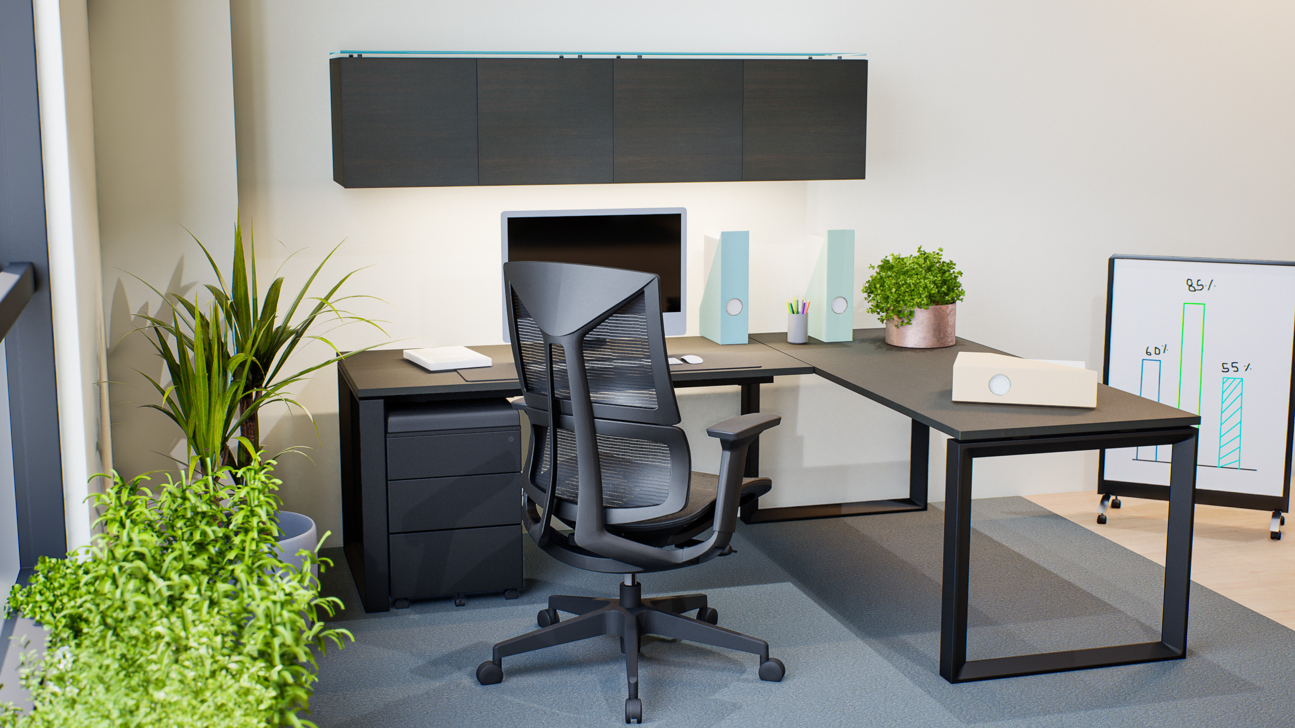 Corp Design private office desk with mobile pedestal and mesh task chair