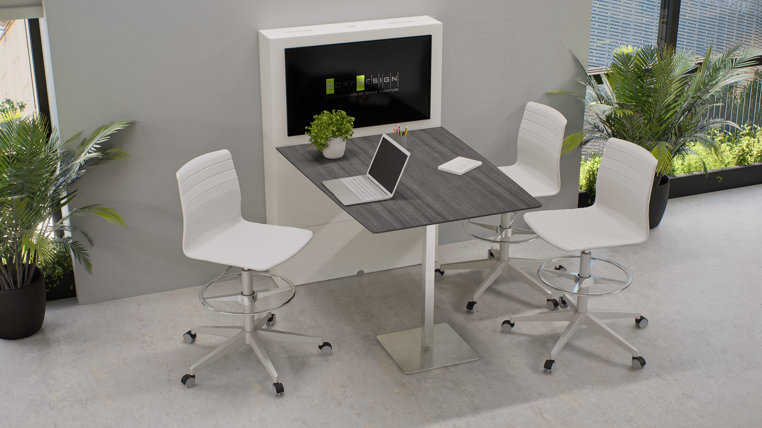 Corp Design square meeting table with integrated media panel and guest chairs
