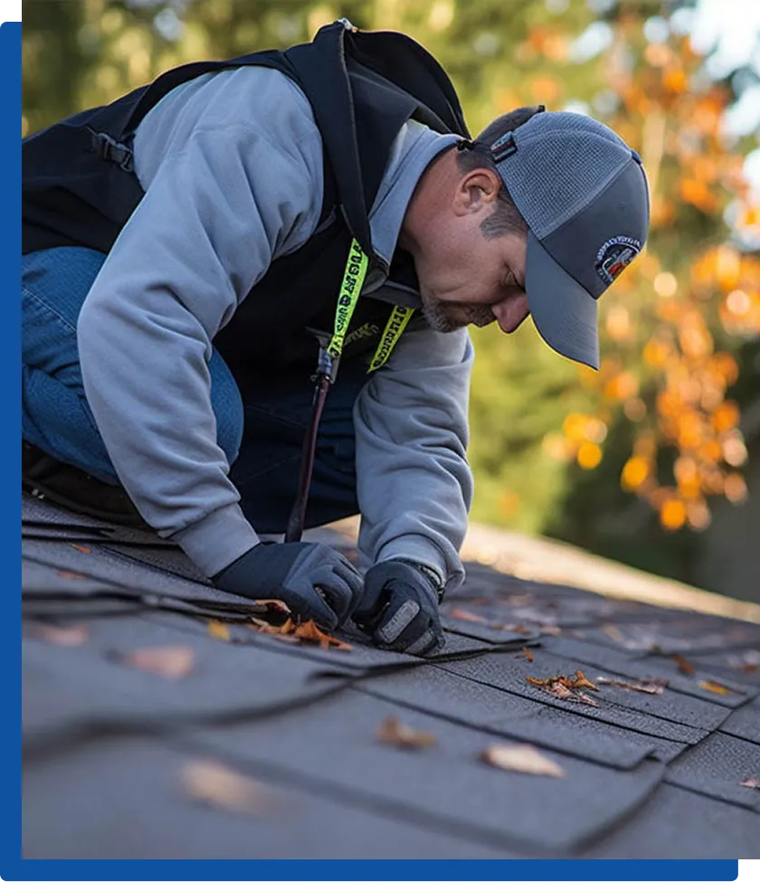 A roofer wearing safety gear and gloves installs asphalt shingles on a roof during autumn, with orange leaves scattered around