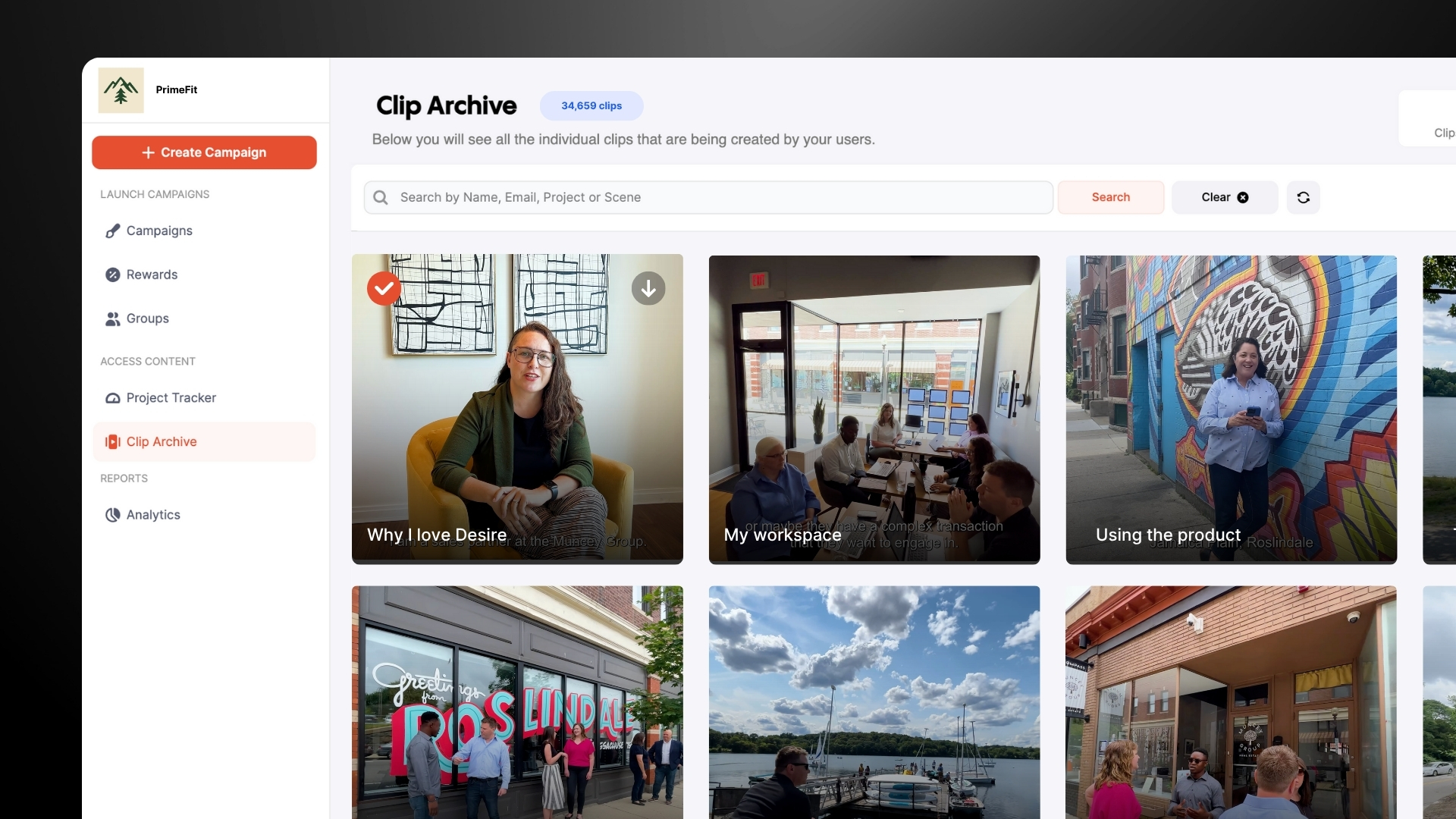 User interface showing a clip archive with video thumbnails of people in various indoor and outdoor settings.