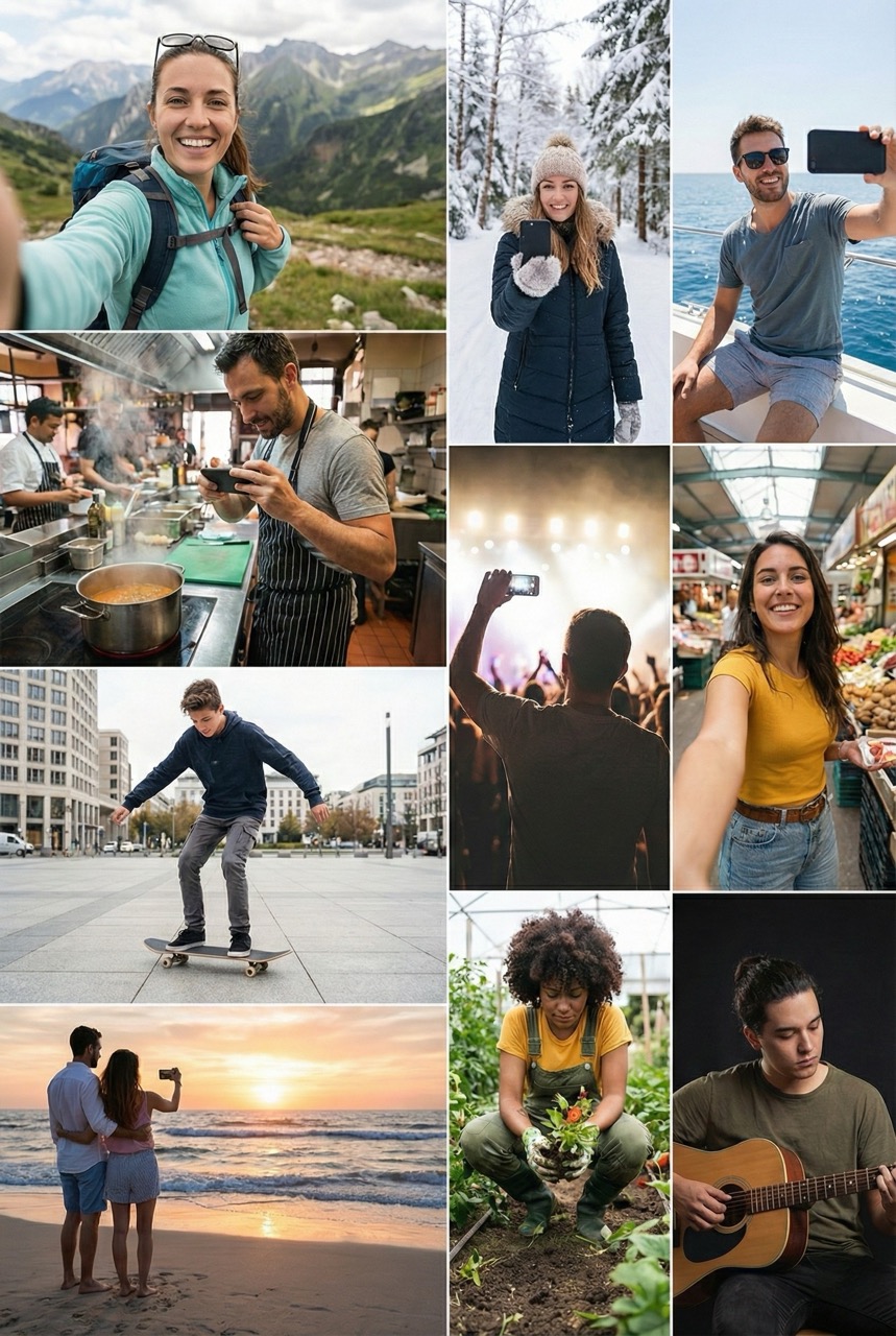 Collage of people taking selfies outdoors, cooking, skateboarding, gardening, and playing guitar.