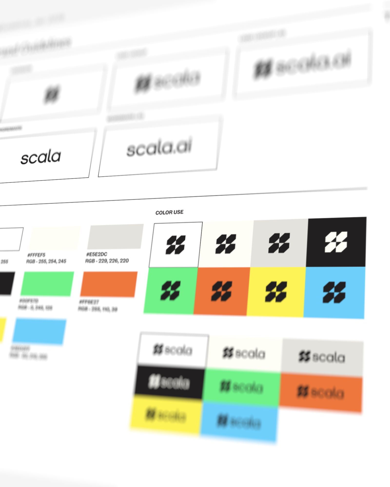 Brand guidelines sheet showing logo variations, color palette with hex and RGB codes, and color use examples for Scala.