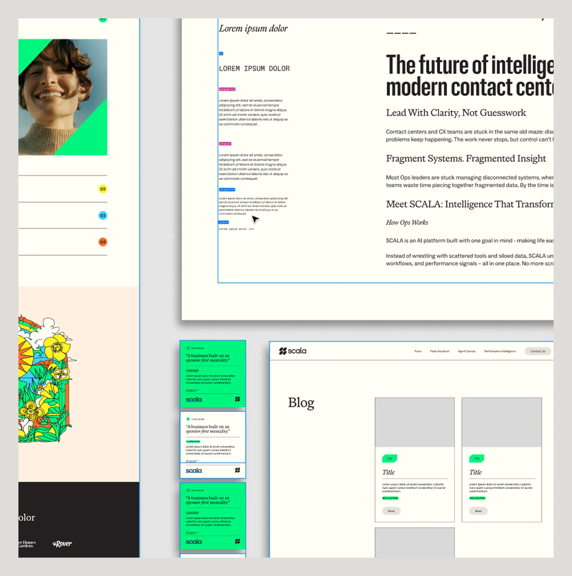 Collage of web design UI elements including a smiling person’s photo framed by green shapes, colorful numbered list icons, blog page wireframe with cards labeled 'Title' and 'Tag,' and blocks of lorem ipsum text demonstrating typography and layout.