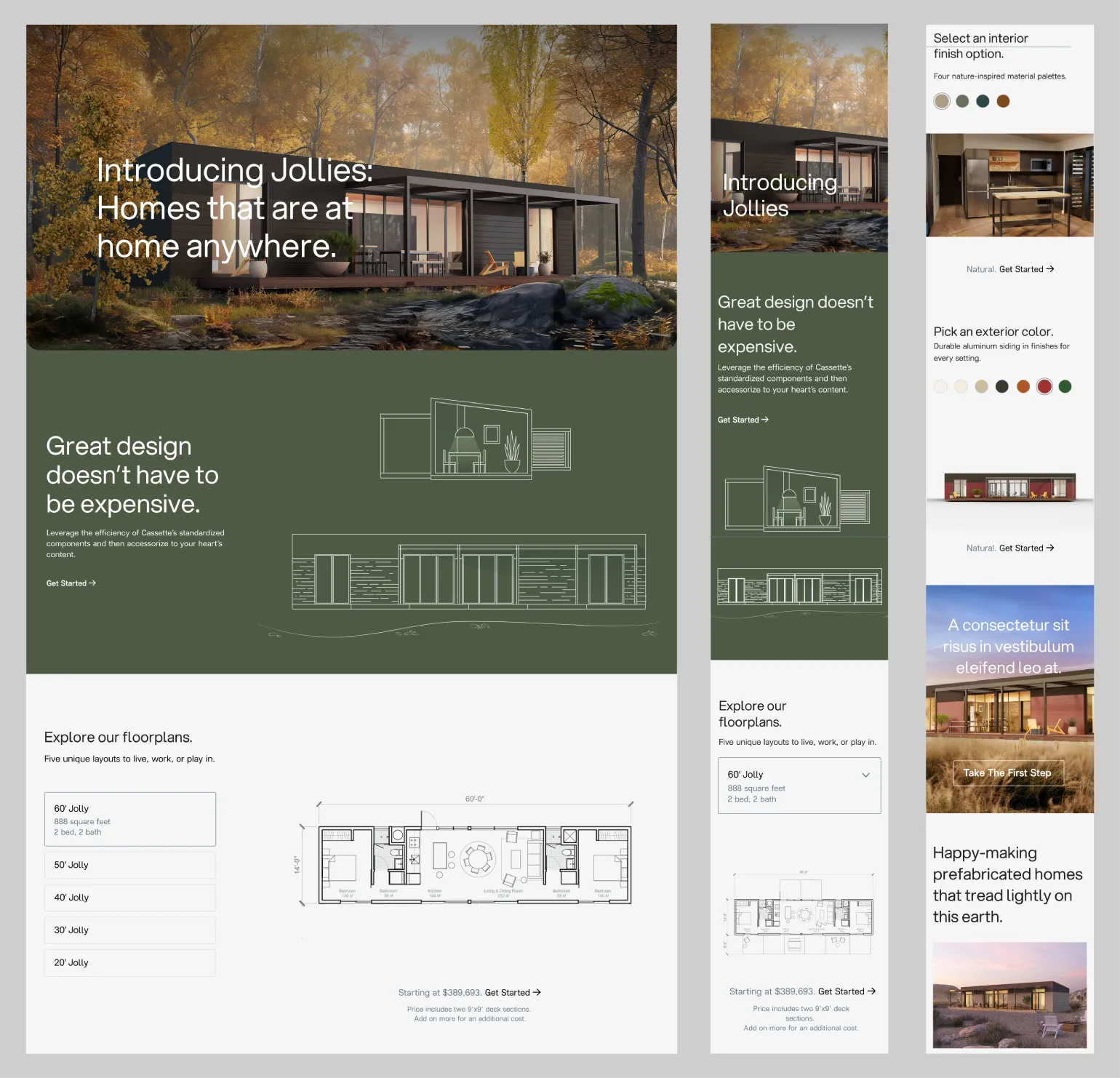 Website design showing Jollies prefabricated homes in a wooded setting, floorplan options, interior finish and exterior color palettes, and pricing details.