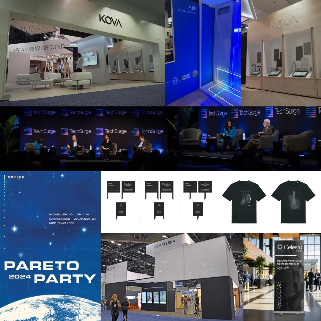Collage of images featuring KOVA and Katerra booths at a tech event, TechSurge panel discussions, a Pareto 2024 Party invitation, branded t-shirts, and a Celesta Capital welcome banner.