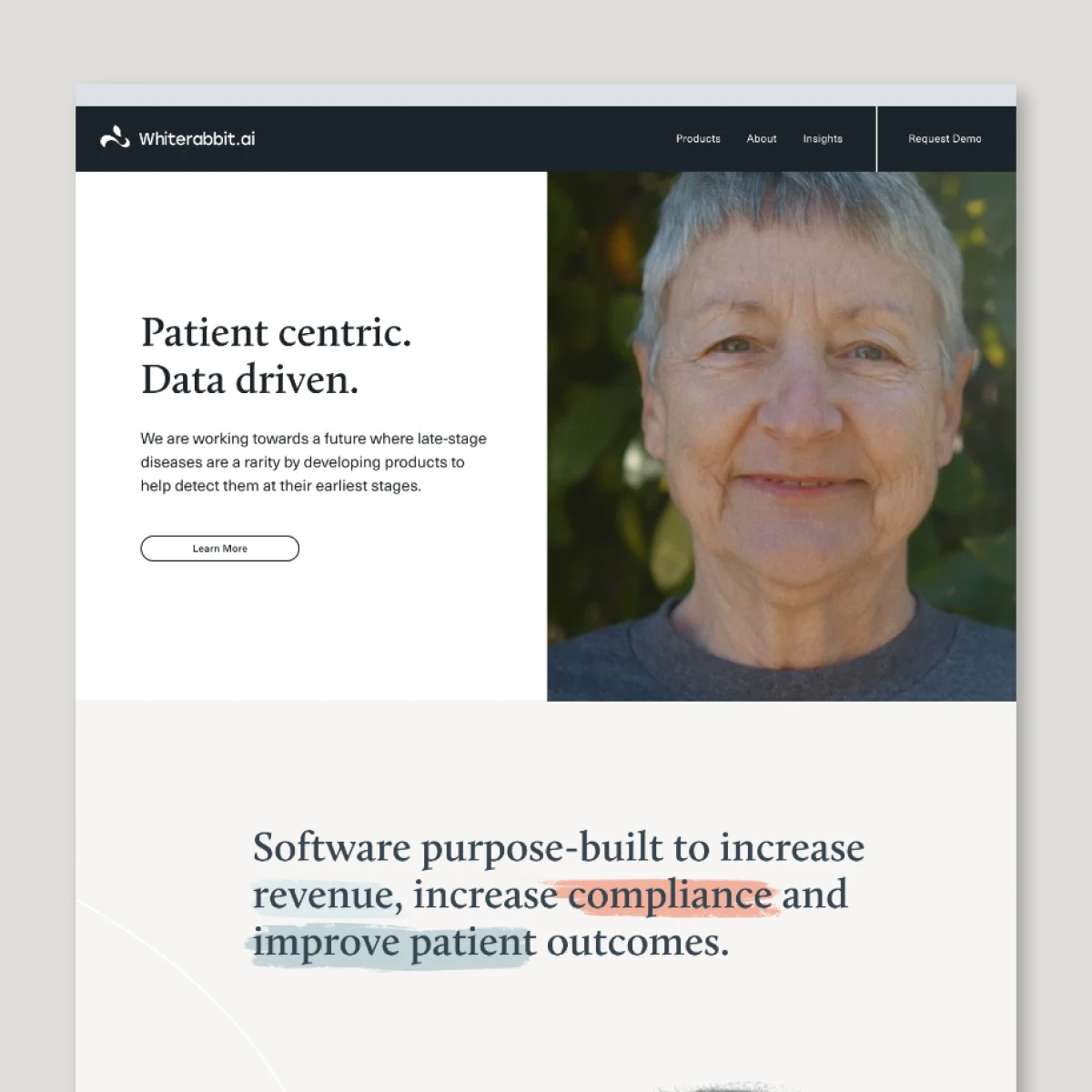 Website header with an older woman smiling on the right and text on the left reading 'Patient centric. Data driven.' and a subtext about developing products for early disease detection.