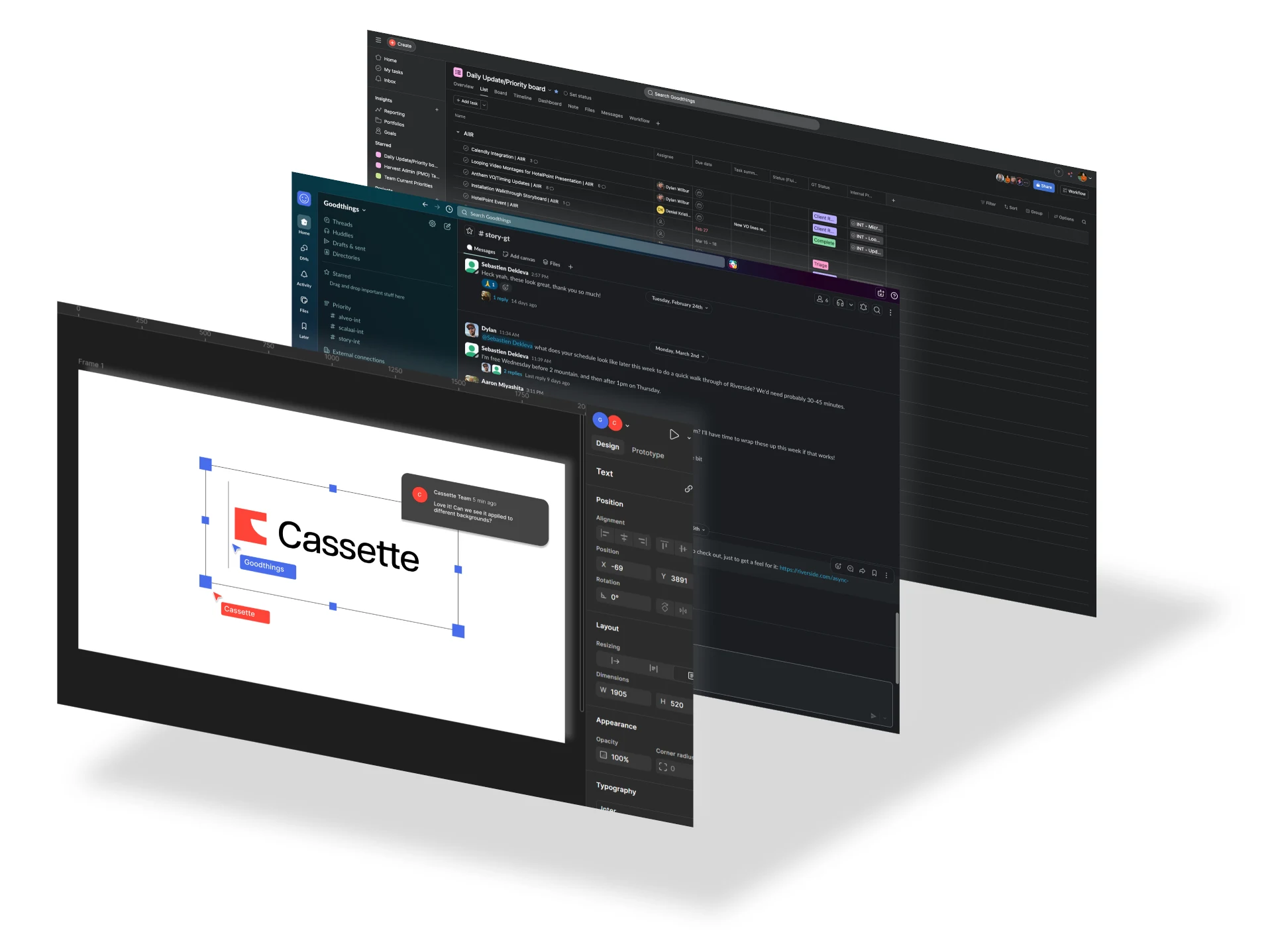 Three software interface windows layered: a design tool editing the Cassette logo, a messaging app named Goodthings, and a task board with project priorities.