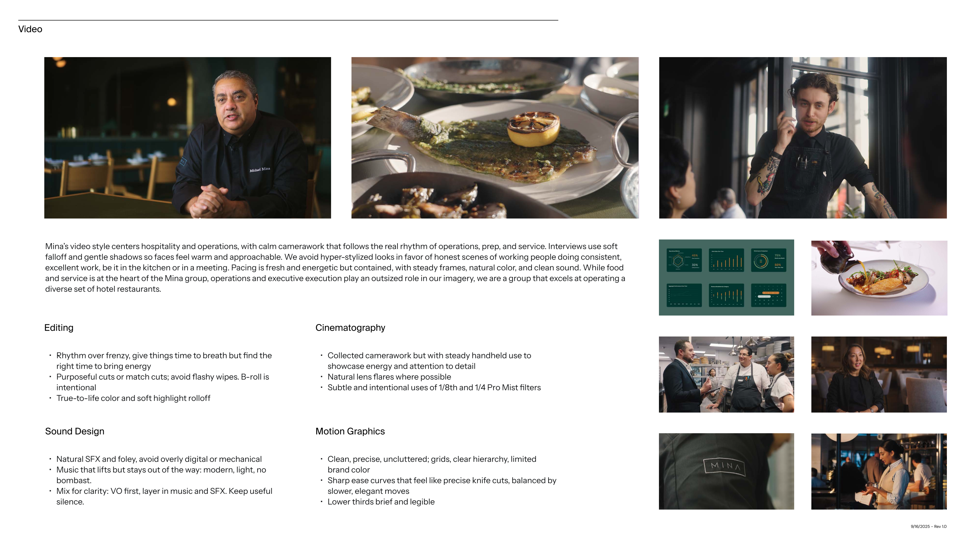 A professional guide to Mina's video style showing images of chefs, plated food, kitchen scenes, and a server, alongside detailed text about editing, cinematography, sound design, and motion graphics for hospitality video production.