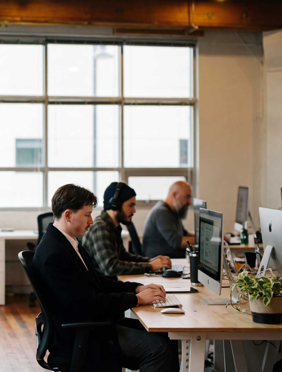 Three men working at a long desk in a bright office, each focused on their computers, with a plant on the desk in the foreground.