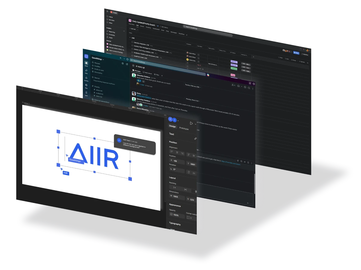 Three layered user interface screens showing design editing with AIIR logo, messaging app conversation, and task board for daily updates and priorities.