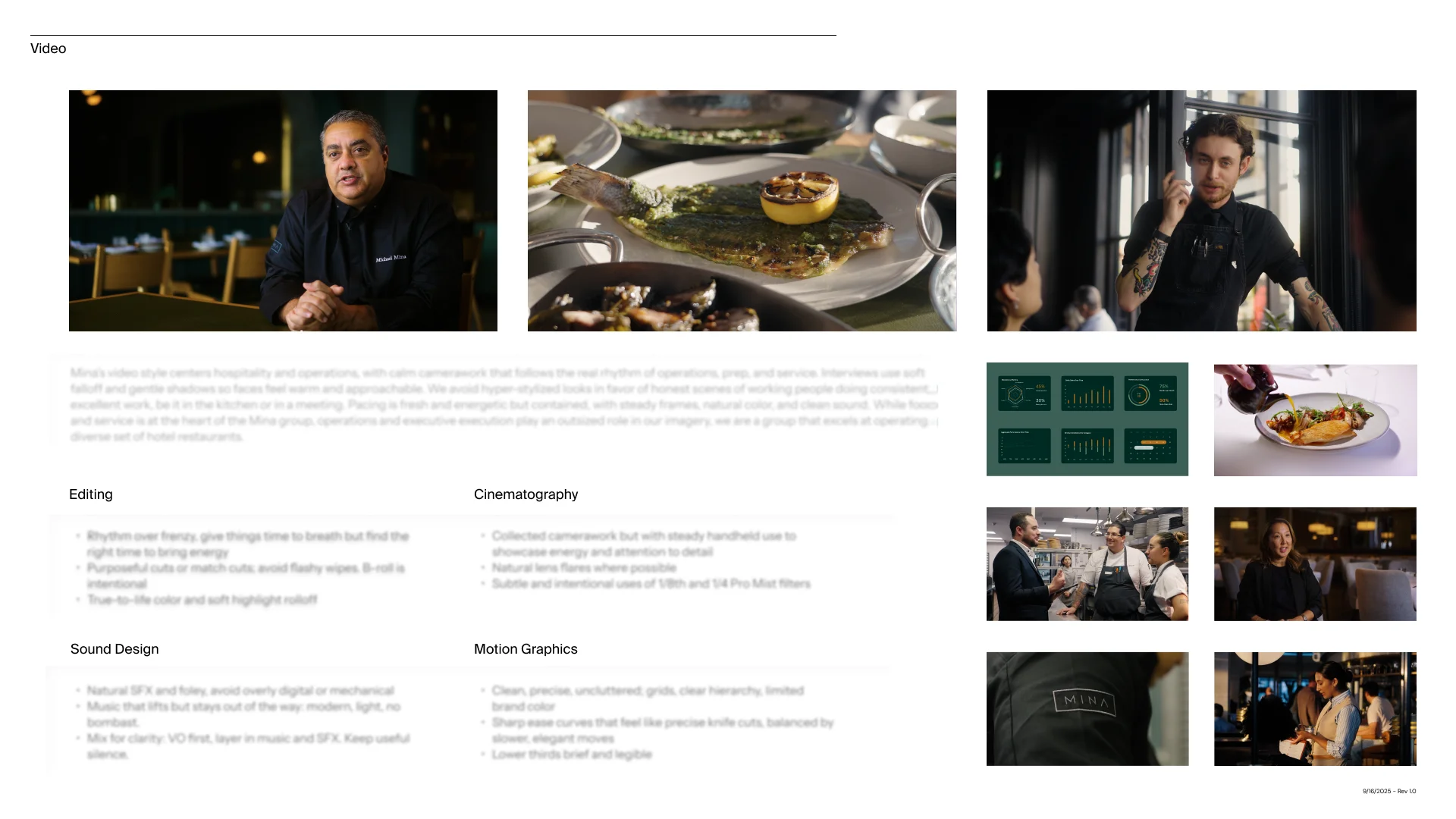 Collage featuring a chef speaking, a grilled fish dish with lemon, a tattooed waiter engaging customers, a plate with sauce being poured, a graph dashboard, restaurant staff interacting, a woman seated, a chef's jacket with 'MINA' embroidery, and a waiter using a tablet.