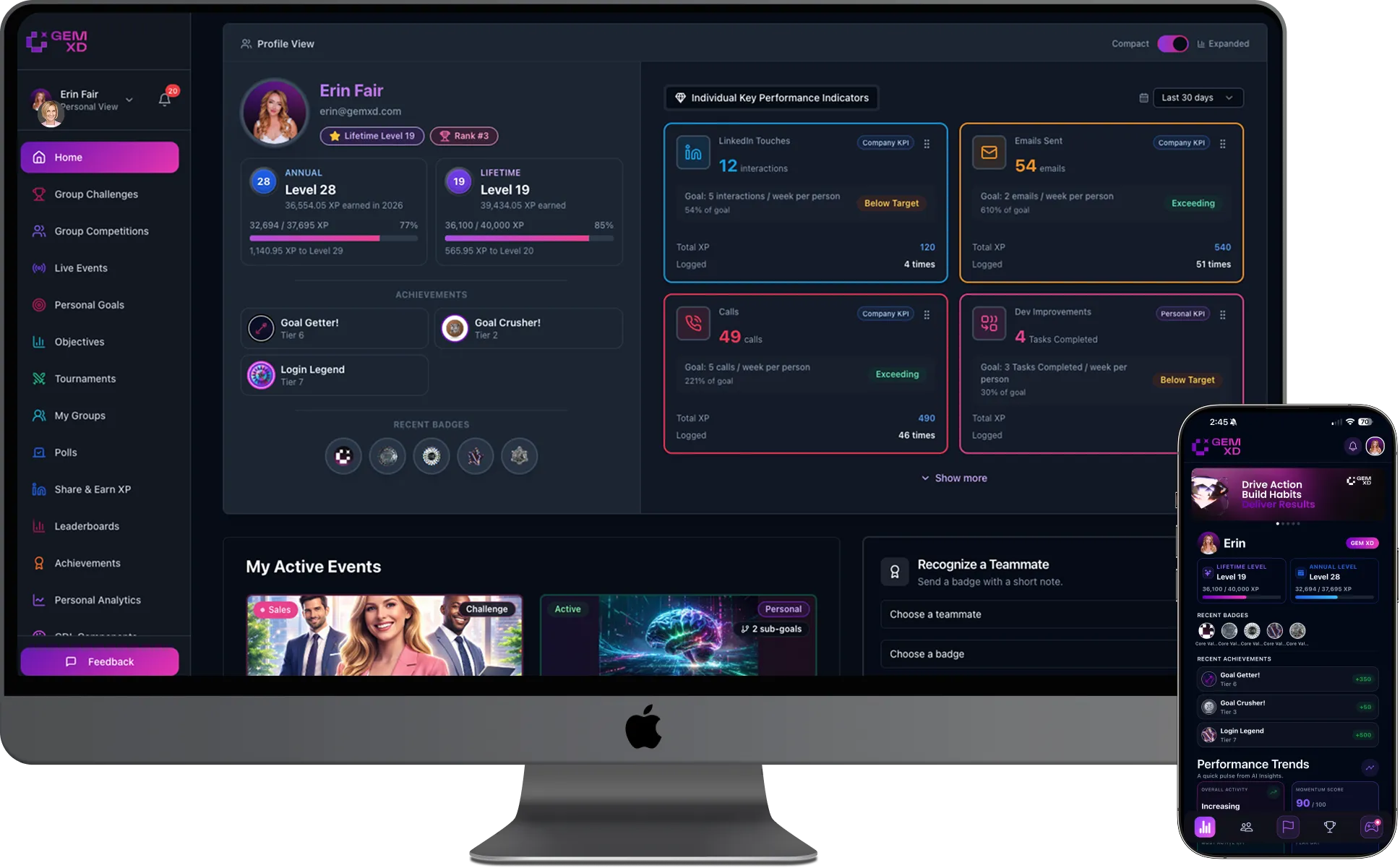 GEM XD platform dashboard on desktop and mobile