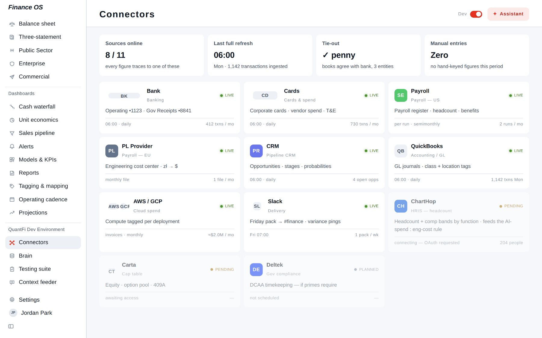 Connectors: sources online, last refresh, tie-out to the bank