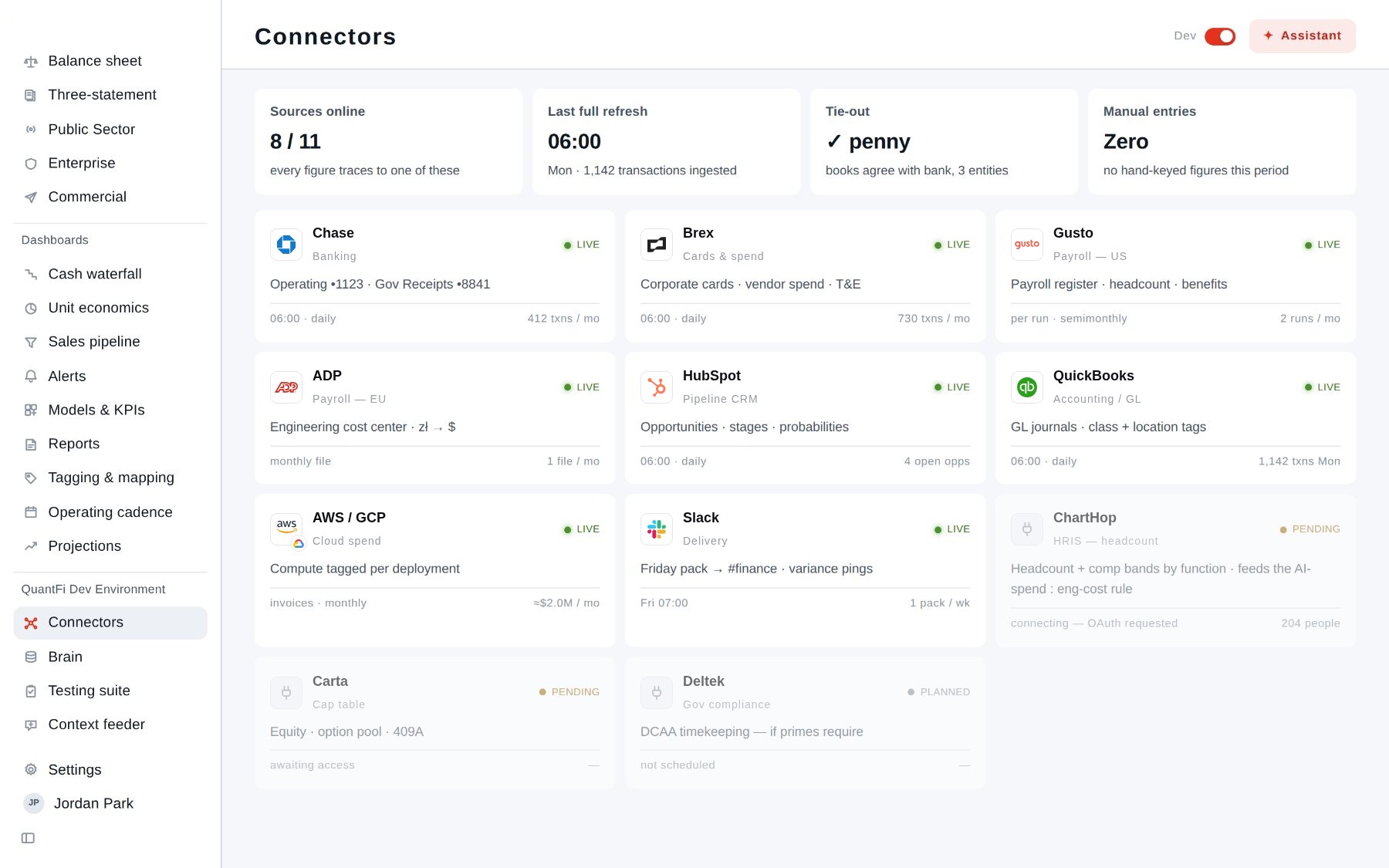 Connectors: sources online, last refresh, tie-out to the bank