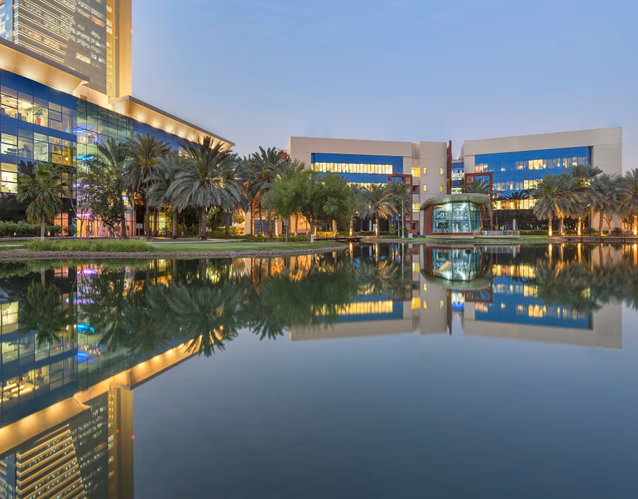Waterfront offices near Dubai Outsource City at sunset