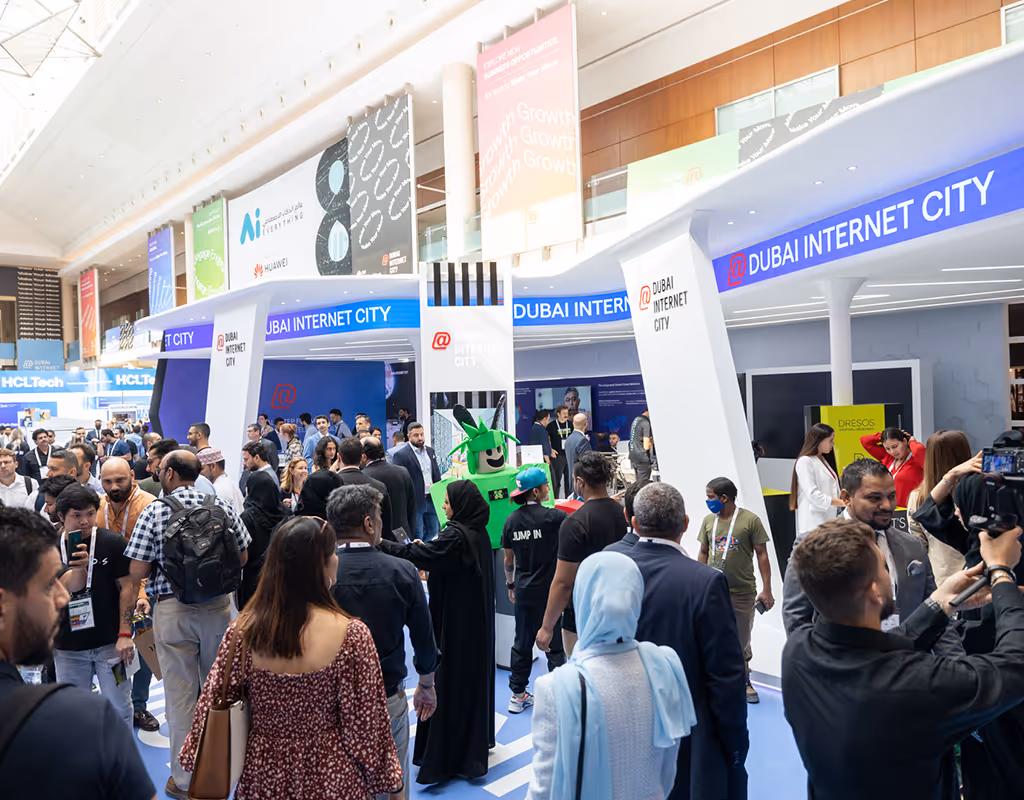 Crowded tech exhibition at Dubai Outsource City business hub