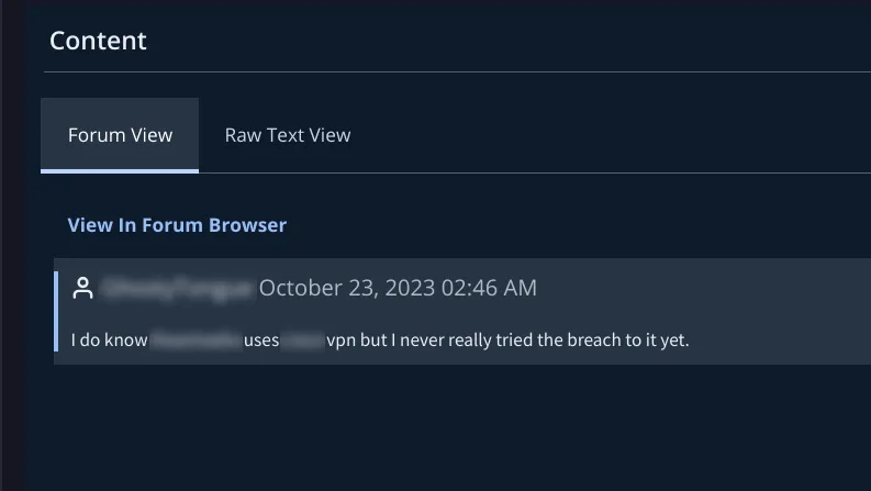 An example of a potential threat based on dark web form activity
