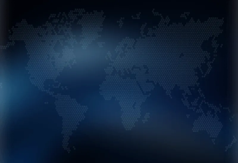 World map composed of small hexagonal shapes on a dark blue gradient background.